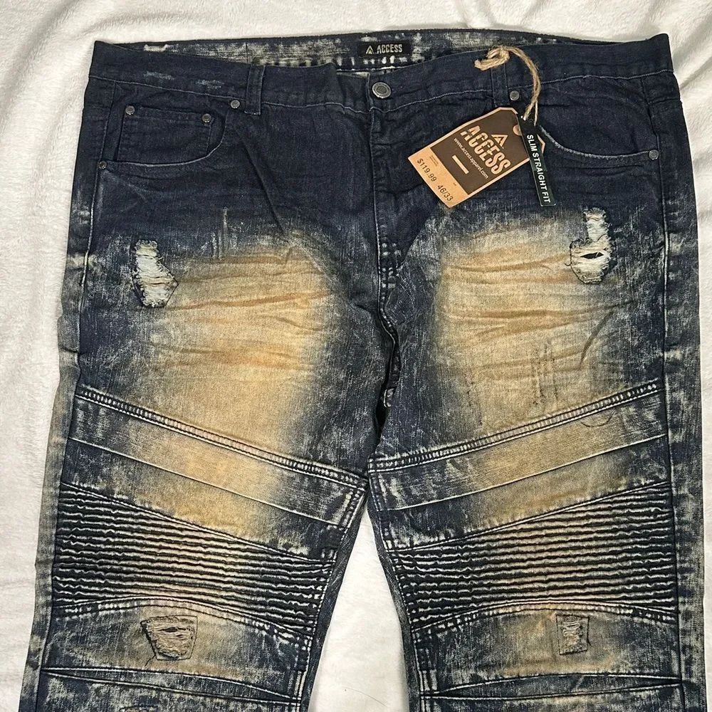 NWT Access Apparel Men's Vintage Distressed Blue and Tan Jeans! Size 46